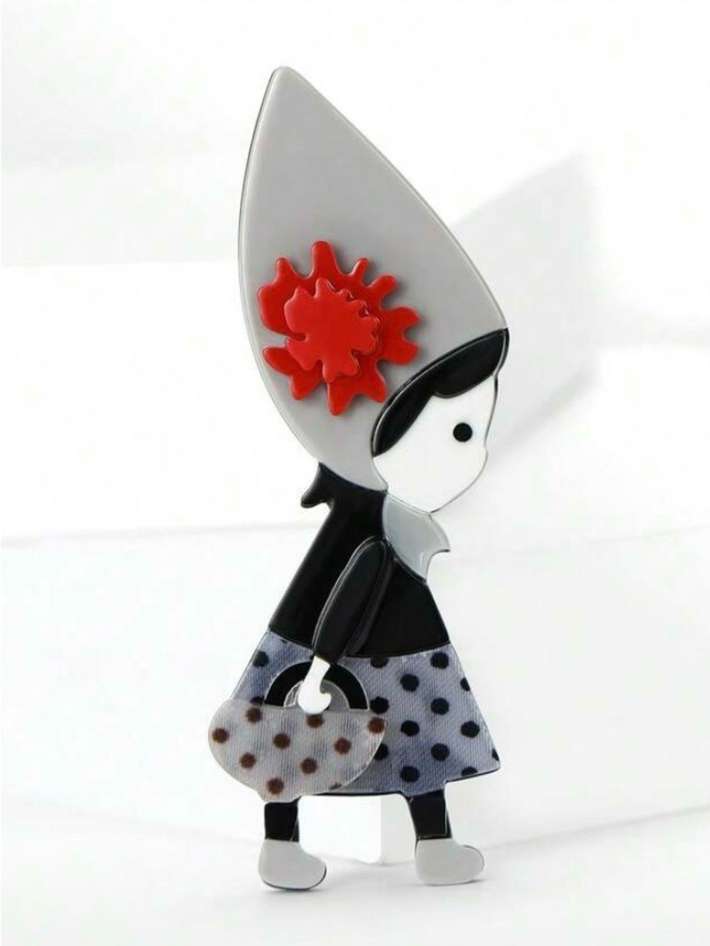 Dutch Girl Grey and Red Acrylic Doll Brooch - Cute Polka Dot Accessory